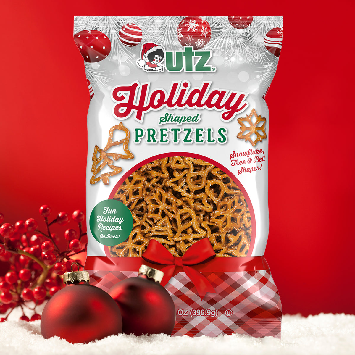 Bag of Utz Holiday Shaped Pretzels in snowflake, tree and bell shapes