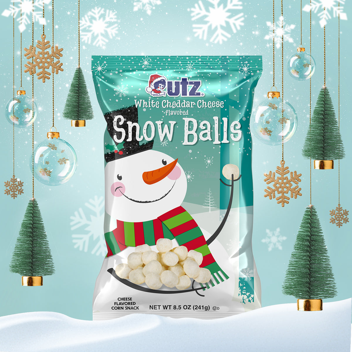 Bag of Utz White Cheddar Cheese flavored Snow Balls corn snack with a snowman on the front