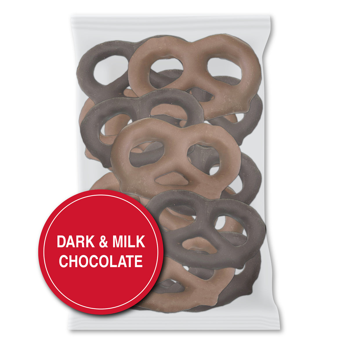 Milk & Dark Chocolate option: a clear bag of milk and dark chocolate pretzels together