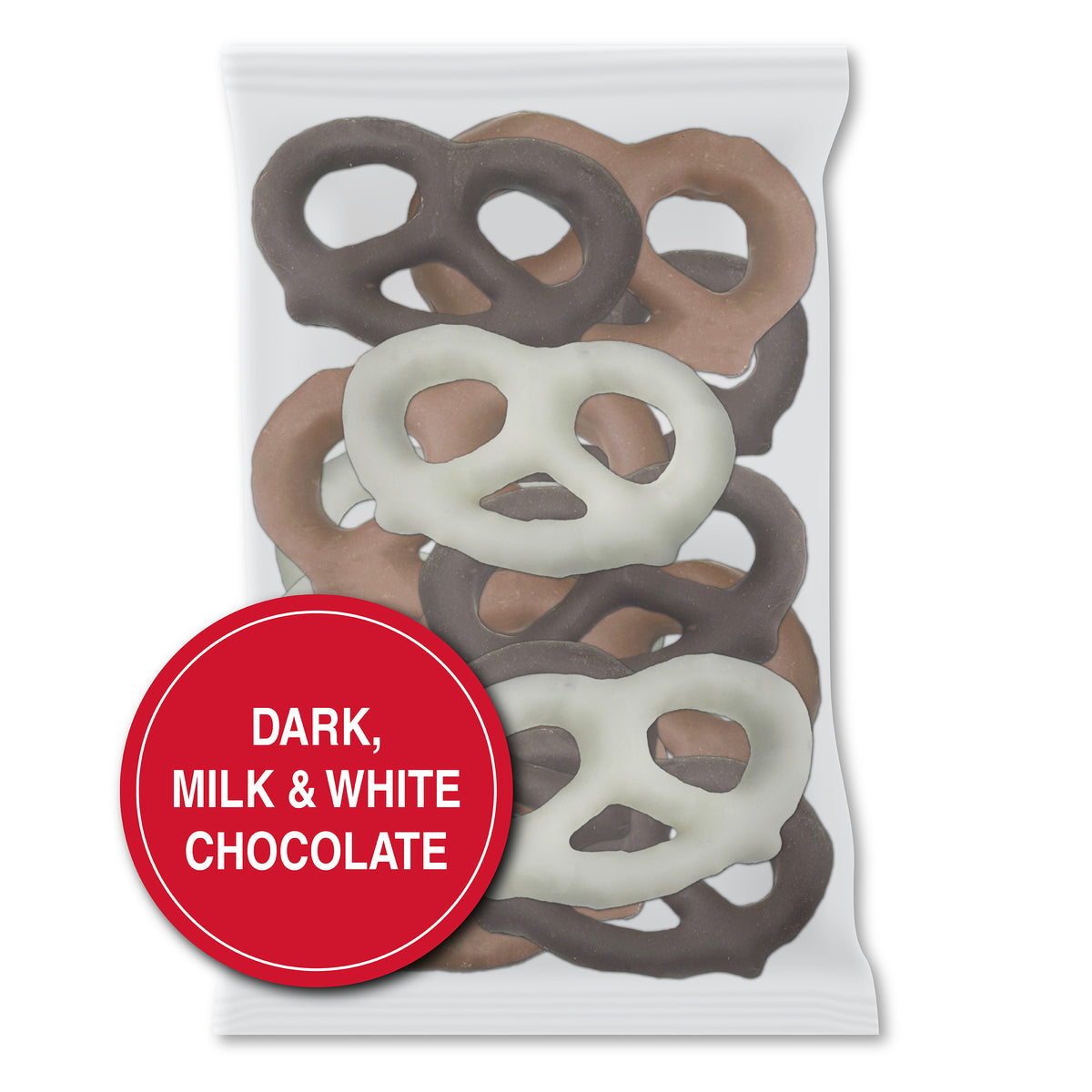 Mixed option: a clear bag of dark, milk and white chocolate pretzels together