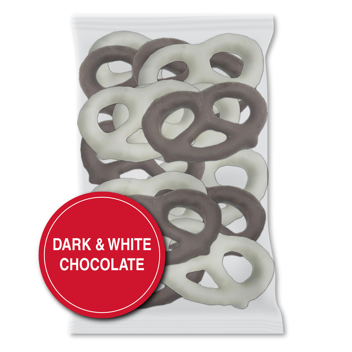 Dark & White Chocolate option: a clear bag of dark and white chocolate pretzels together