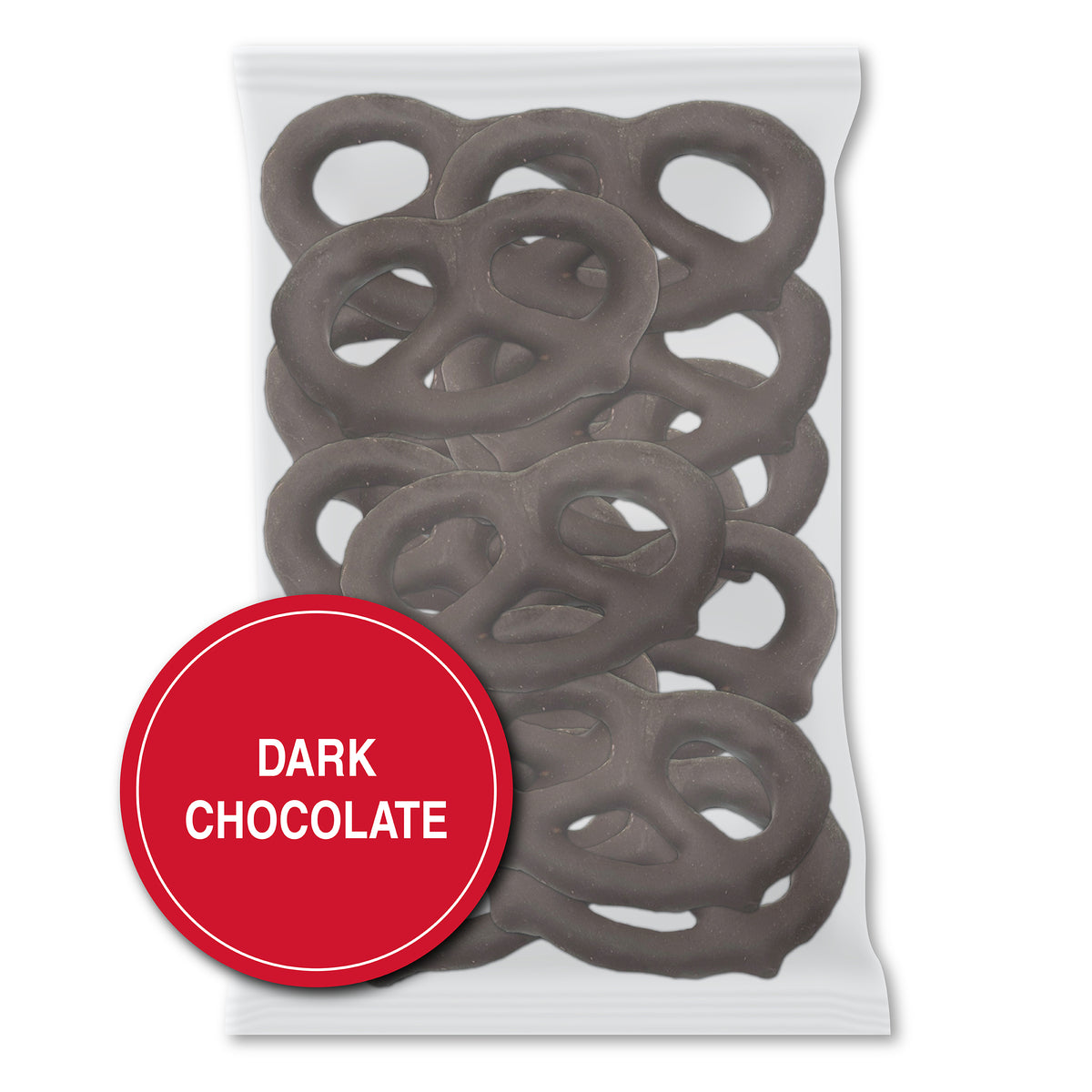 Dark Chocolate option: a clear bag of dark chocolate pretzels