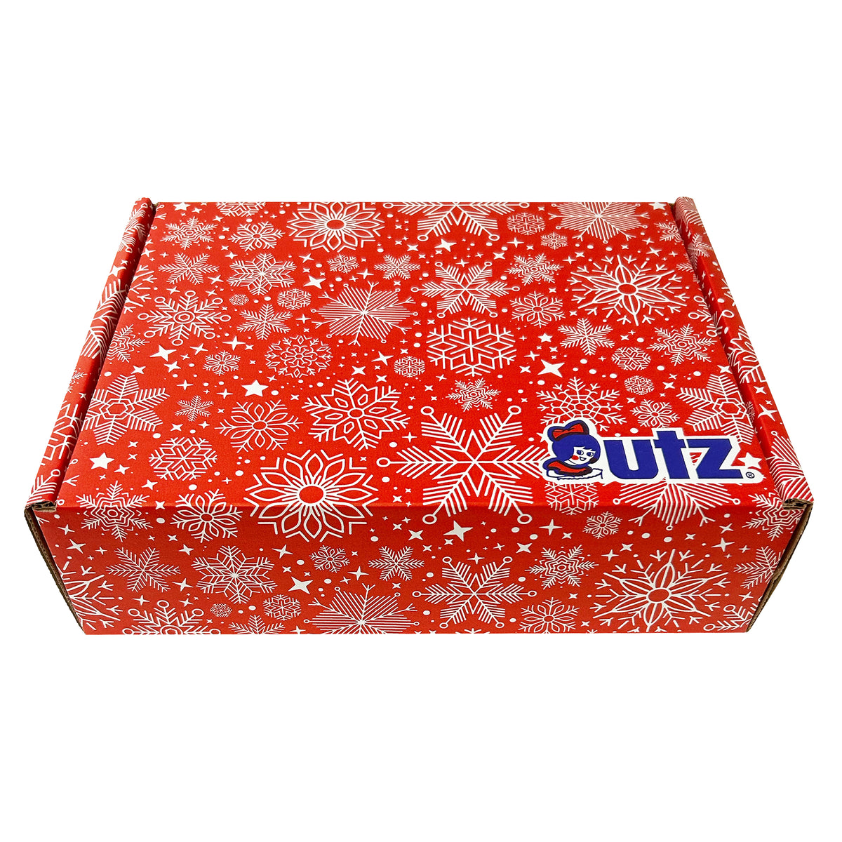 Large gift box, closed: red with an allover white snowflake pattern and the Utz logo on the lid