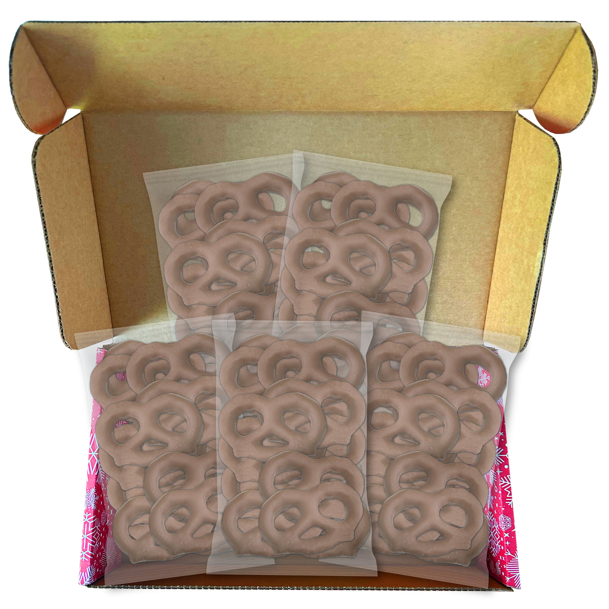 Large gift box shown open with five clear bags of chocolate-flavored pretzels inside
