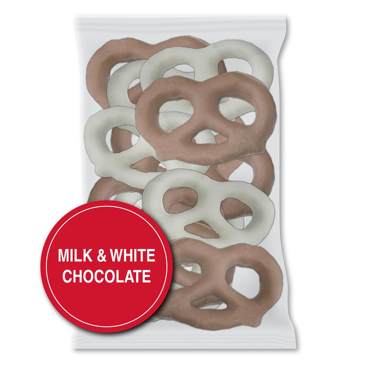 Milk & White Chocolate option: a clear bag of milk and white chocolate pretzels together