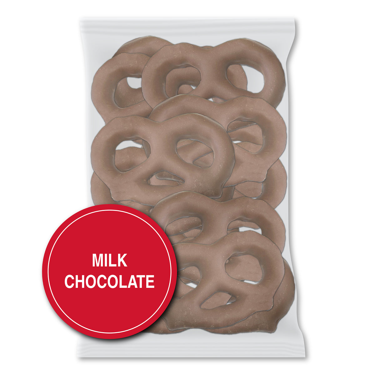 Milk Chocolate option: a clear bag of milk chocolate pretzels