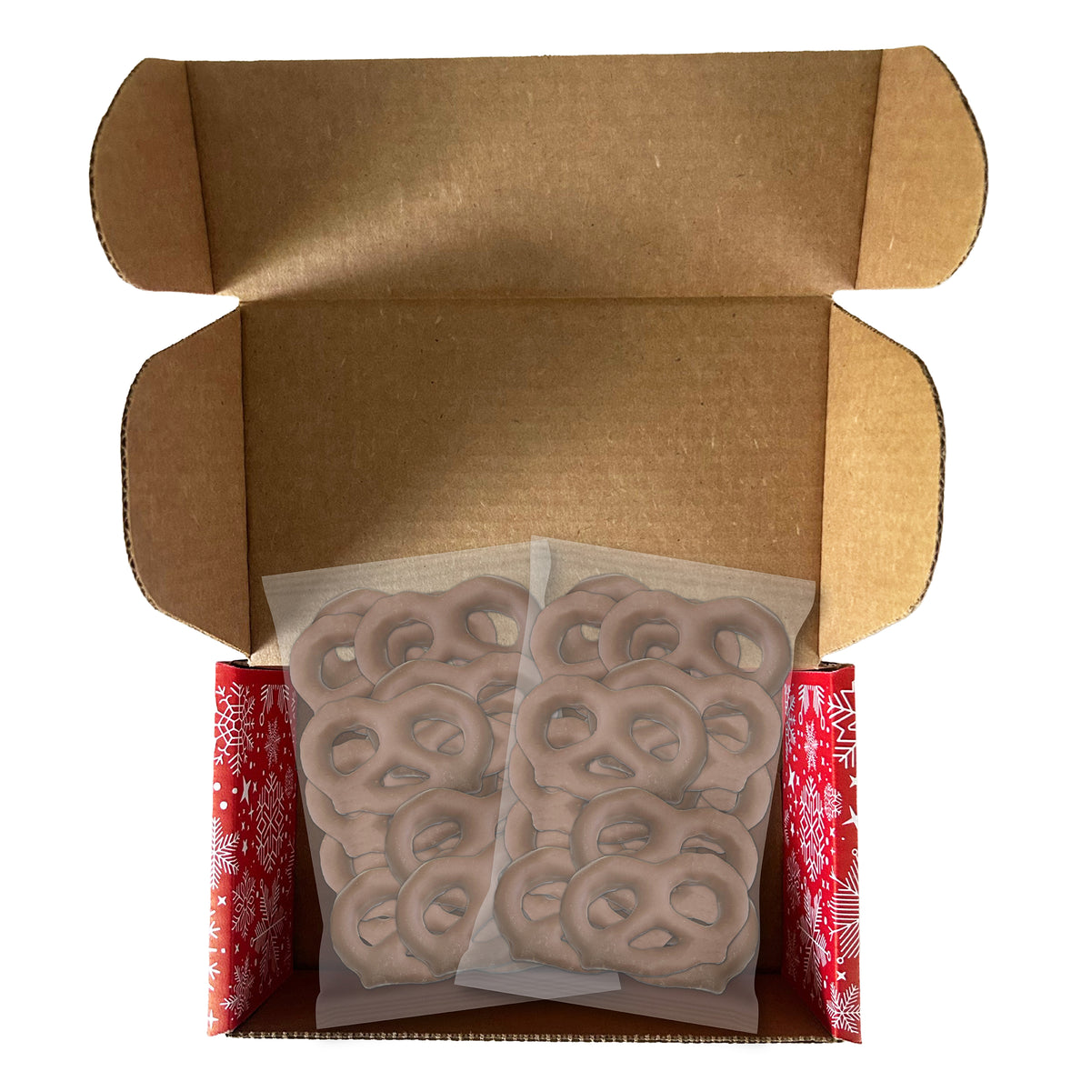 Small gift box shown open, with two clear bags of milk chocolate pretzels standing inside