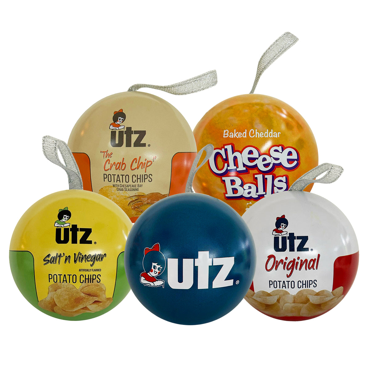Five Utz ball ornaments: Crab Chip, Cheese Balls, Salt'n Vinegar and Original potato chips, plus a navy Utz logo ball