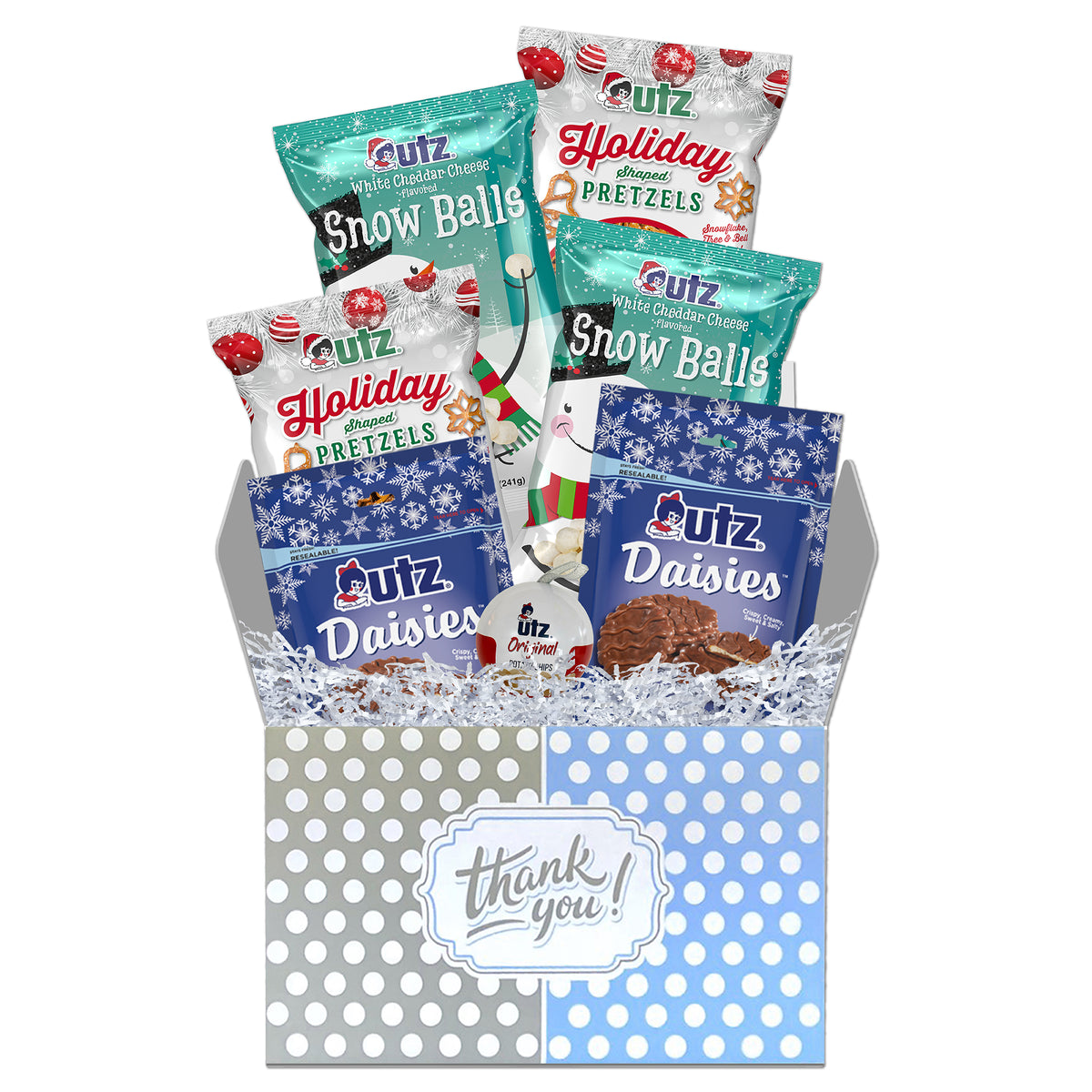 Polka-dot thank-you box with two bags each of Holiday Shaped Pretzels, Snow Balls and Daisies, plus an Utz ornament