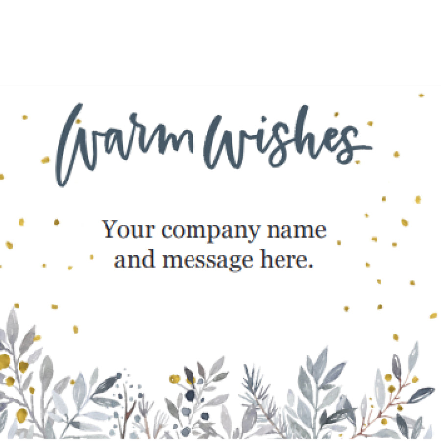 White gift label with "Warm Wishes" in blue-gray script, gold dots, watercolor foliage and space for your company name and message