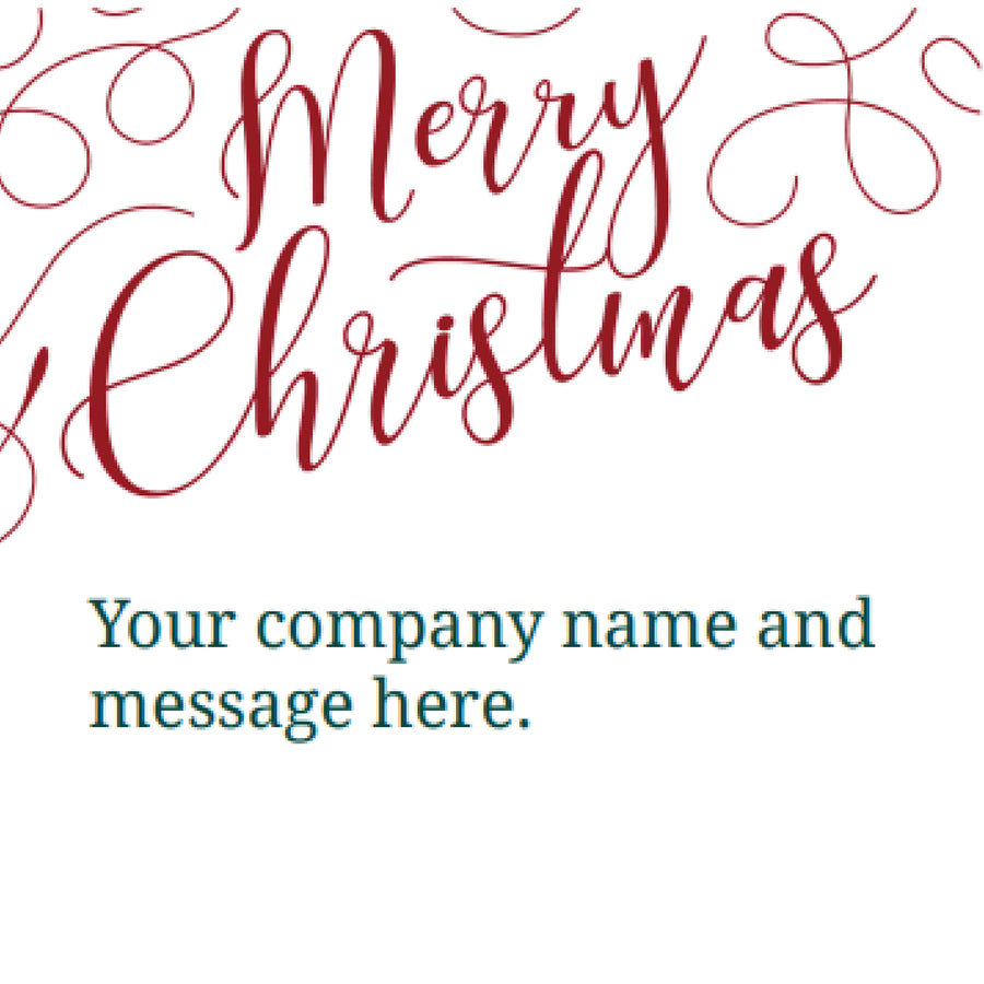 White gift label with "Merry Christmas" in swirling red script above green sample text: Your company name and message here.