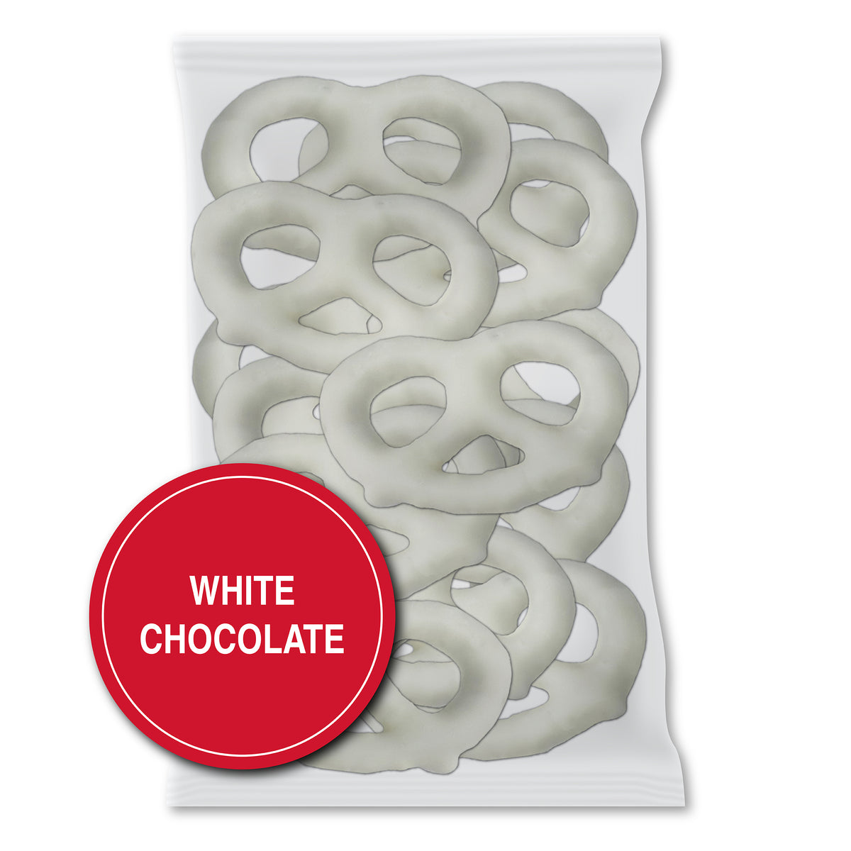 White Chocolate option: a clear bag of white chocolate pretzels