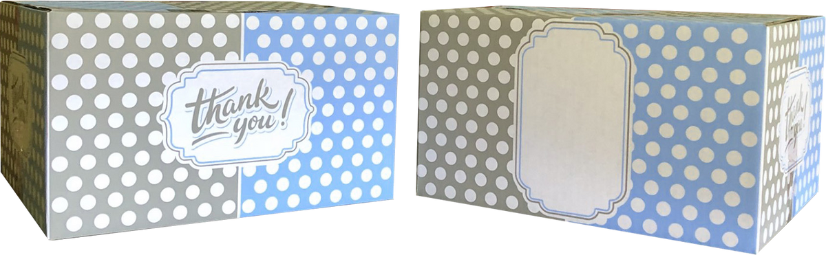 Utz Say Thank You gift box in silver and blue polka dots, front with a thank-you label and side with a blank label panel